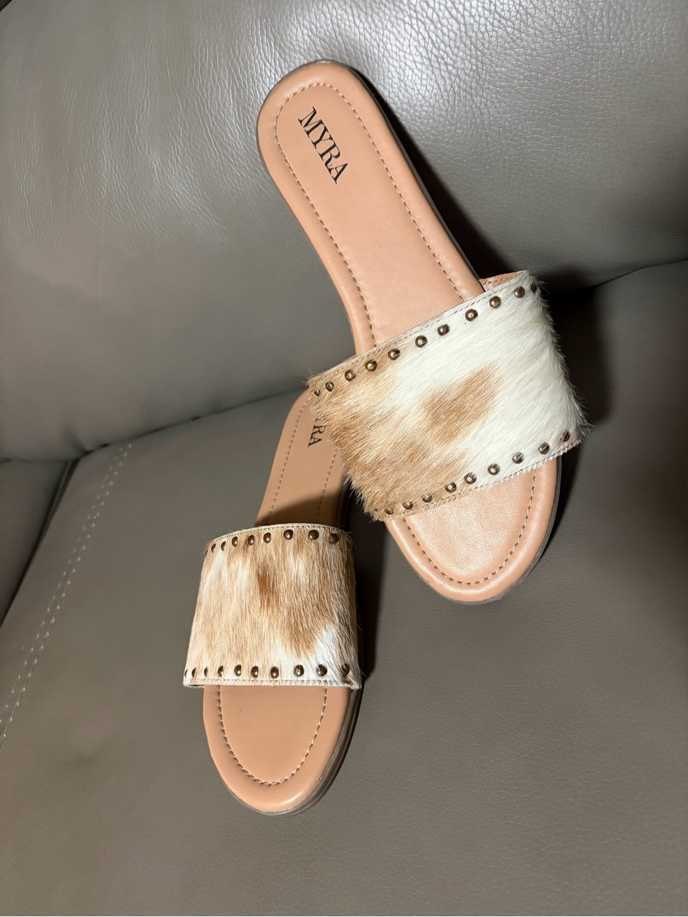 Myra Beige Haircalf Slide Sandals